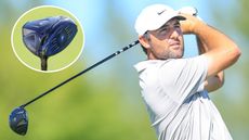 Scottie Scheffler hits a driver with a close up of it in a circle