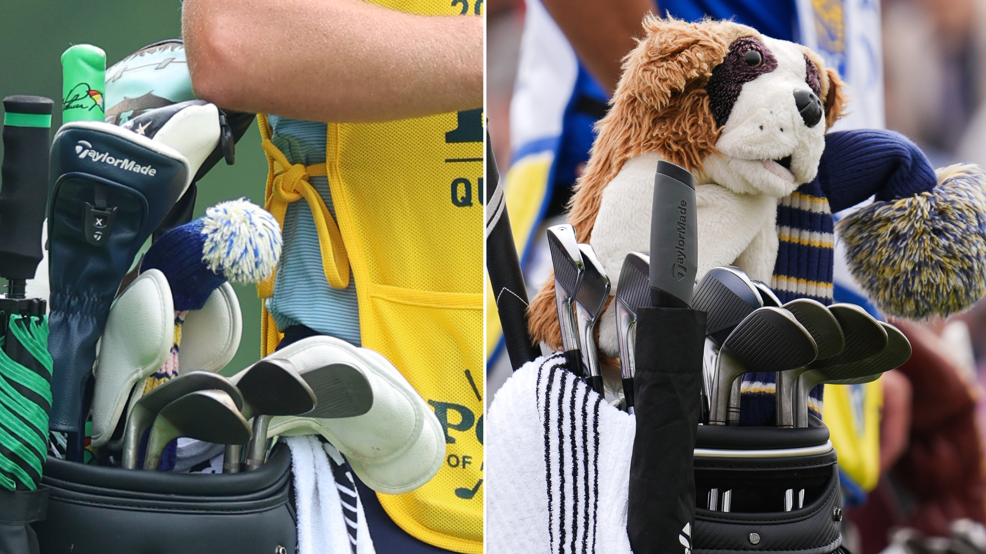 (left) a shot of Aaron Rai's golf bag at the 2025 PGA Championship and (right) a shot of Rory McIlroy's golf bag