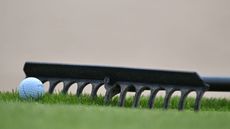 Ball resting against a rake