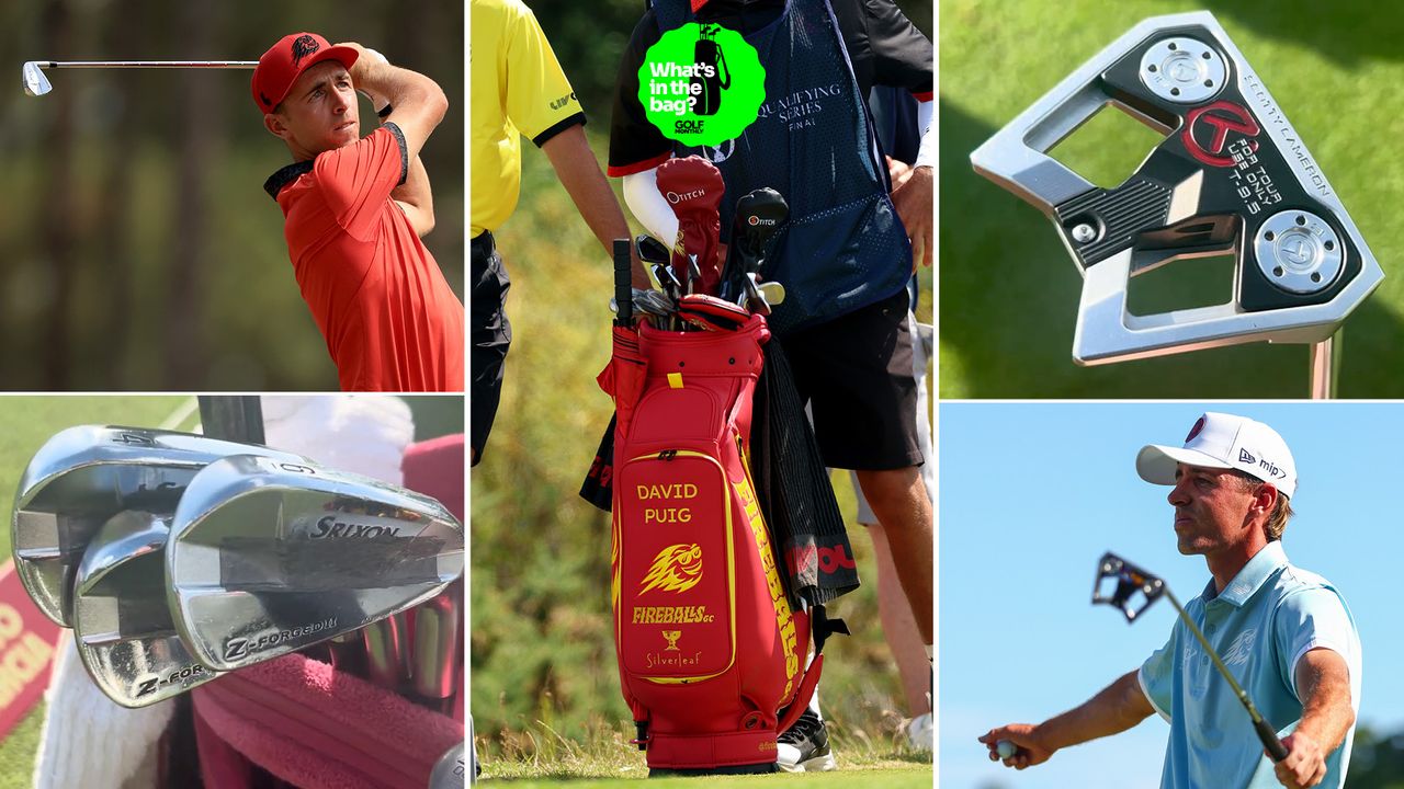 David Puig's golf bag with various pictures of him and clubs around it