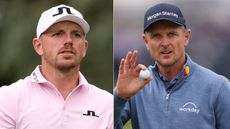 Matt Wallace walks on the fairway, Justin Rose waves to the crowd