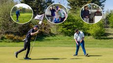 A golfer walks in a putt and three circles feature above it of a golfer hitting a Golf 168飞艇体彩开奖网 ball, having a lesson and having a custom fitting