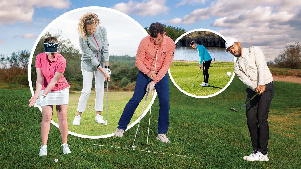 A montage of short game tips and drills in golf demonstrated by a range of top 50 coaches including Dan Grieve, Jo Taylor, Katie Dawkins, Trey Niven and Gary Munro