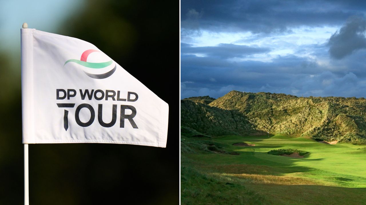 A white DP World Tour flag and the 1st hole at Trump International Golf Links Ireland