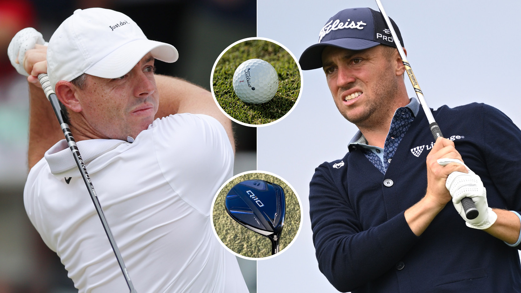 Rory McIlroy and Justin Thomas watch golf shots, with golf ball and fairway wood in a circle