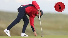 a golfer repairing a pitch mark with the diary of a secret club golfer logo in the top right corner