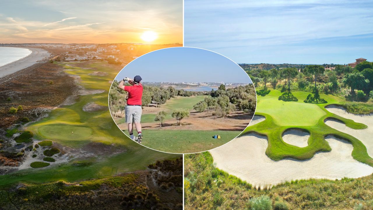 Holes at Palmares and Monte Rei and an insert of a golfer hitting a drive
